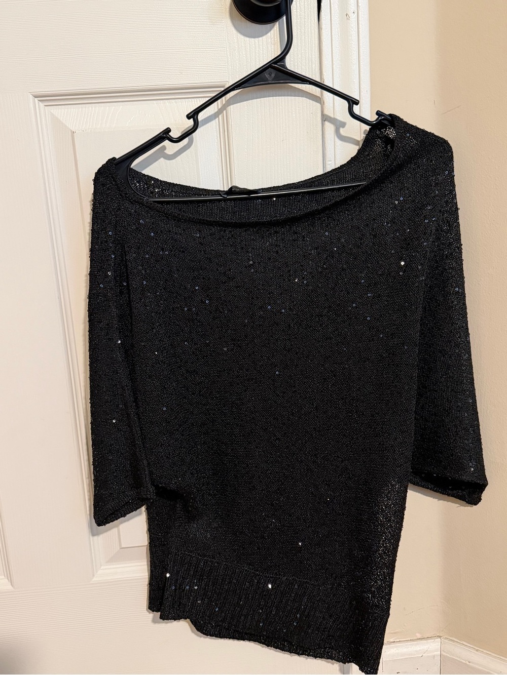 Bebe Black Off-the-Shoulder Dolman Sleeve Sequin Knit Sweater